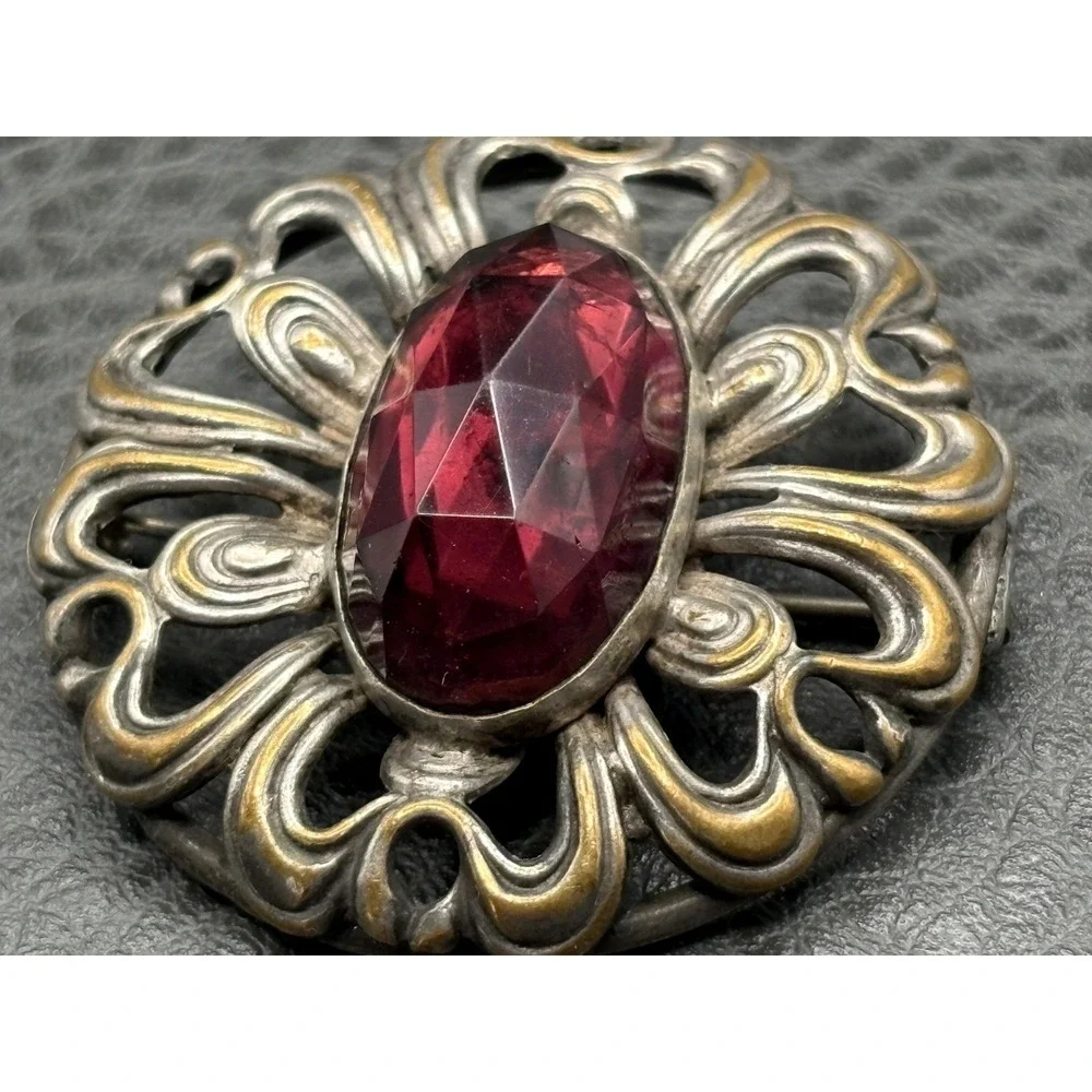 Antique Victorian Era Filigree Brooch Red Faux Garnet Faceted Stone C Clasp